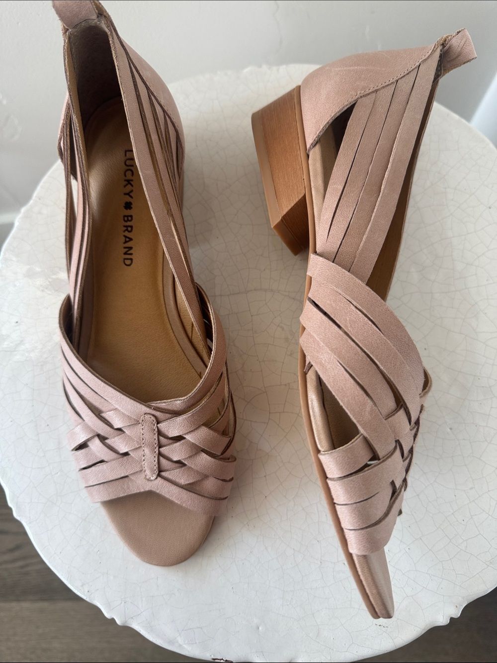 Lucky Brand Blush Pink Leather Woven Block Heel Sandals Open Toe Casual Size 9